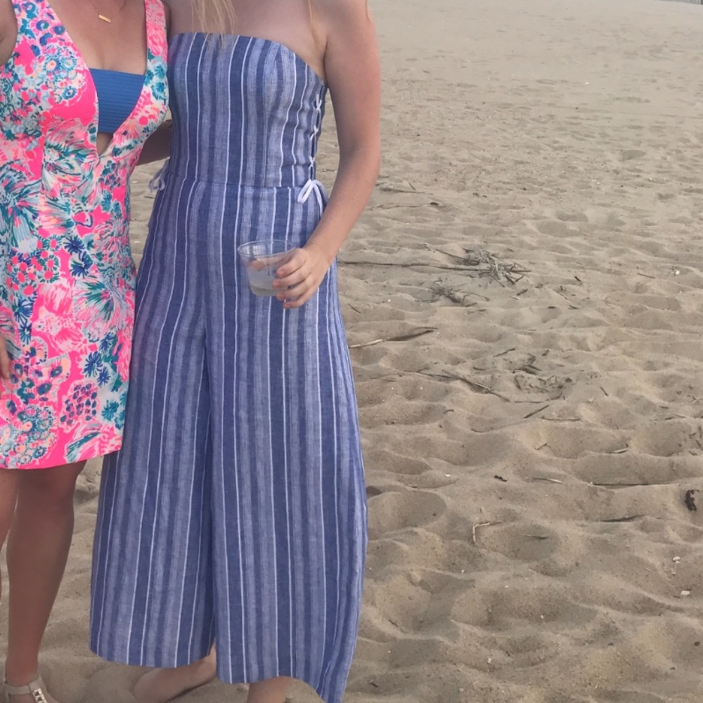 Blue & white striped linen club Monaco jumpsuit!